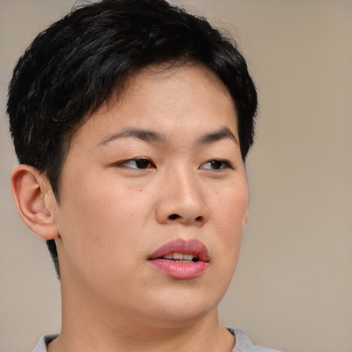Neutral asian young-adult female with short  brown hair and brown eyes