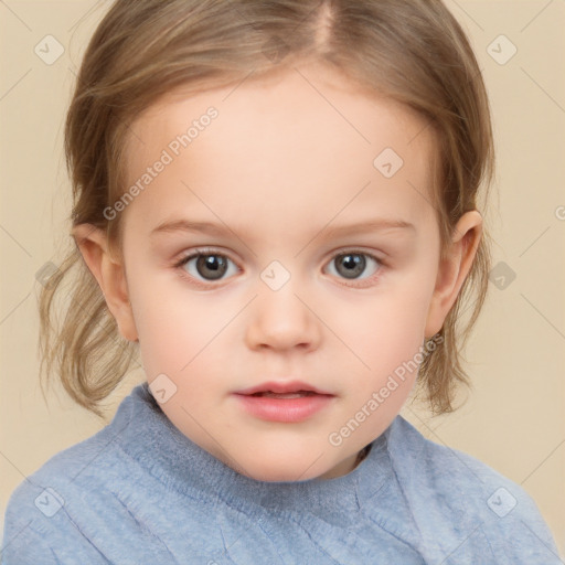 Neutral white child female with medium  brown hair and grey eyes