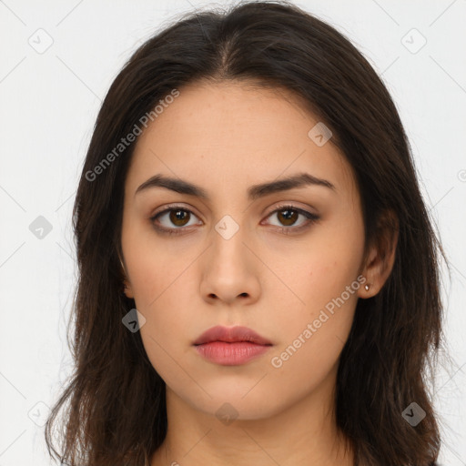 Neutral asian young-adult female with long  brown hair and brown eyes