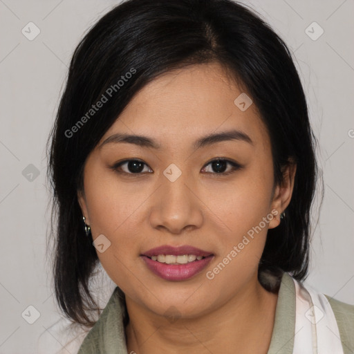 Joyful latino young-adult female with medium  black hair and brown eyes