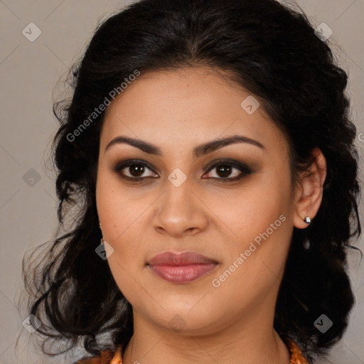 Joyful latino young-adult female with medium  brown hair and brown eyes