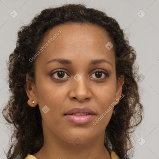 Joyful black young-adult female with medium  brown hair and brown eyes