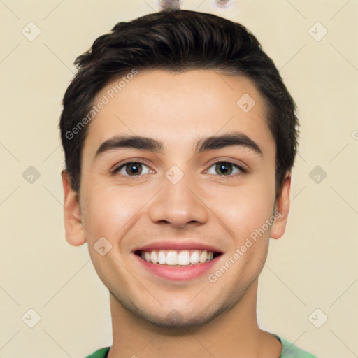 Joyful white young-adult male with short  black hair and brown eyes