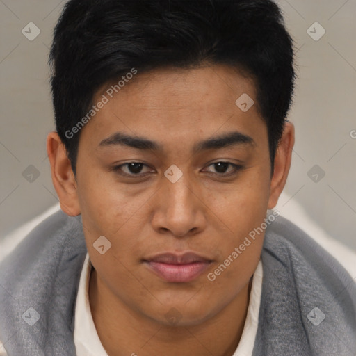 Joyful latino young-adult male with short  brown hair and brown eyes