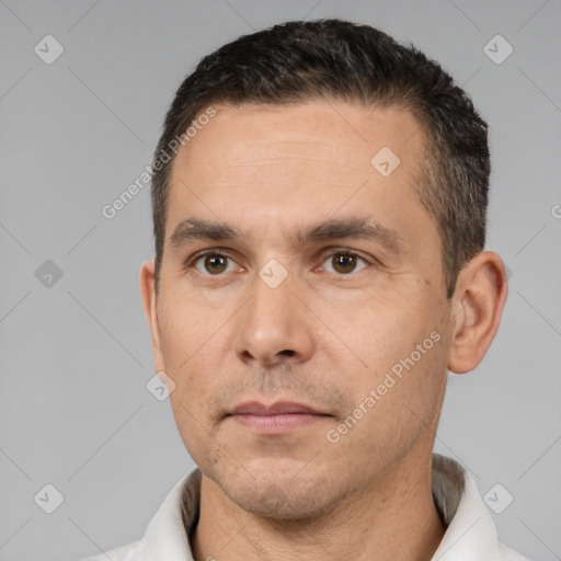 Neutral white adult male with short  brown hair and brown eyes