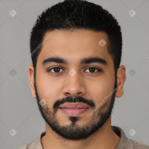 Neutral latino young-adult male with short  black hair and brown eyes