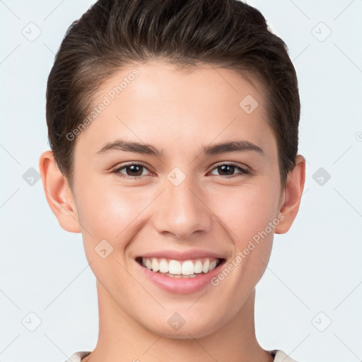 Joyful white young-adult female with short  brown hair and brown eyes