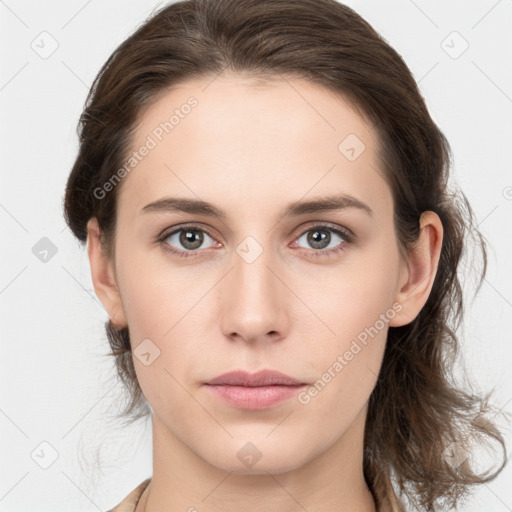 Neutral white young-adult female with medium  brown hair and grey eyes