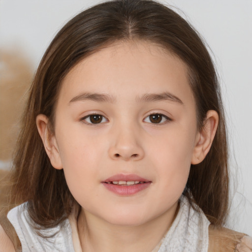 Joyful white child female with medium  brown hair and brown eyes