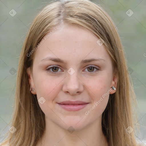 Joyful white young-adult female with medium  brown hair and green eyes