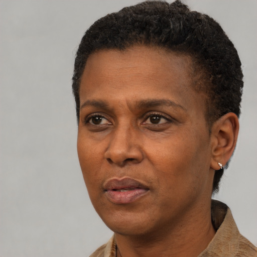 Neutral black adult male with short  black hair and brown eyes