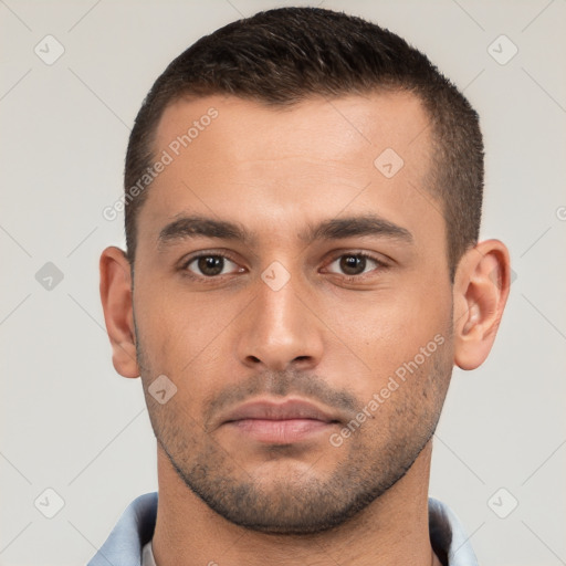 Neutral white young-adult male with short  brown hair and brown eyes