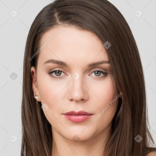 Neutral white young-adult female with long  brown hair and brown eyes