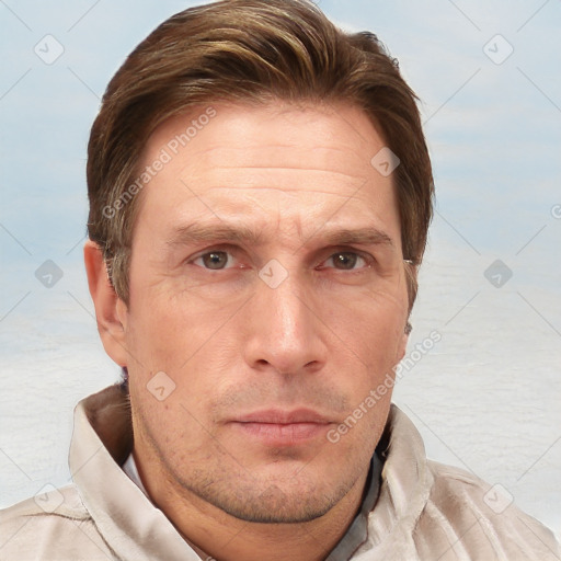 Neutral white adult male with short  brown hair and brown eyes