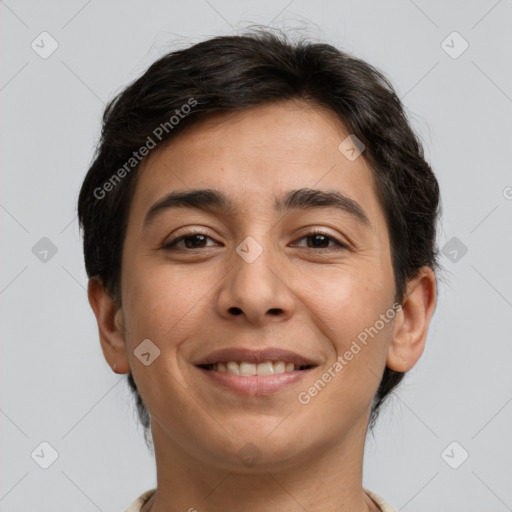 Joyful white young-adult female with short  brown hair and brown eyes