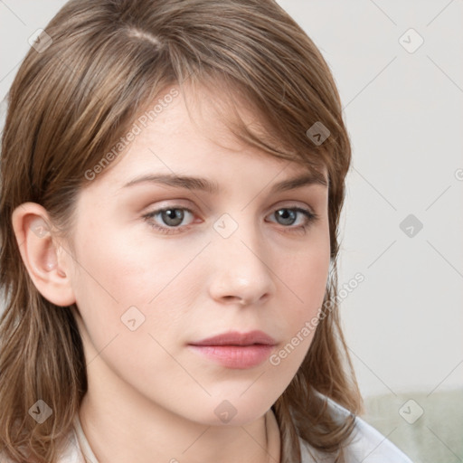 Neutral white young-adult female with medium  brown hair and grey eyes