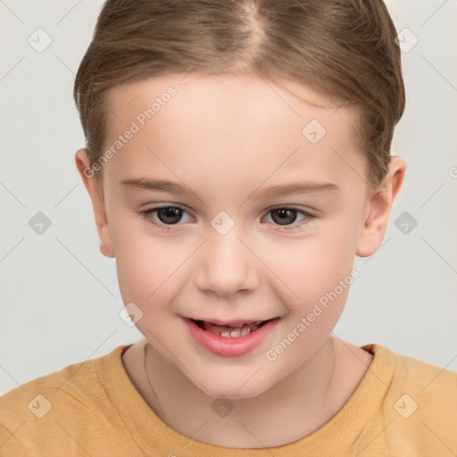 Joyful white child female with short  brown hair and brown eyes