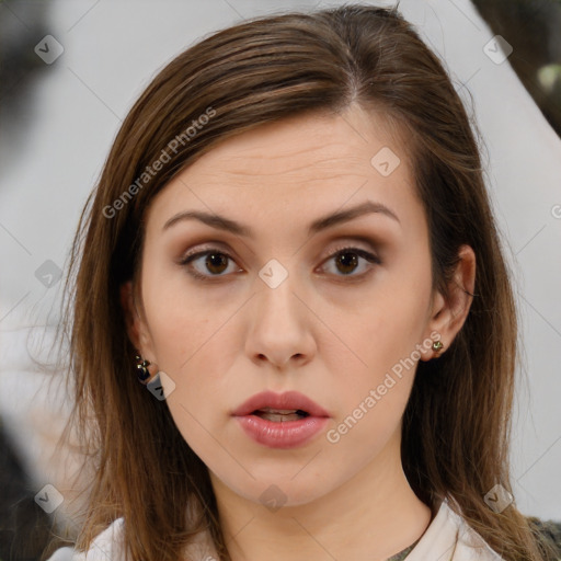 Neutral white young-adult female with medium  brown hair and brown eyes