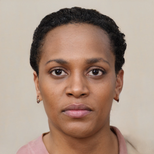 Neutral black young-adult female with short  black hair and brown eyes
