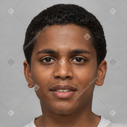 Joyful black young-adult male with short  brown hair and brown eyes