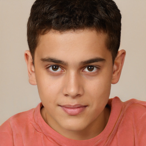 Joyful white child male with short  brown hair and brown eyes