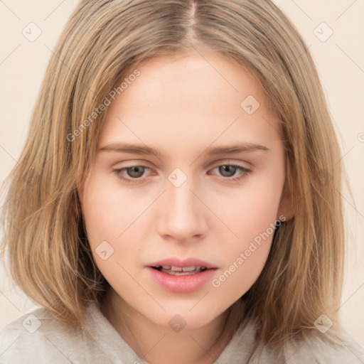 Neutral white young-adult female with medium  brown hair and brown eyes