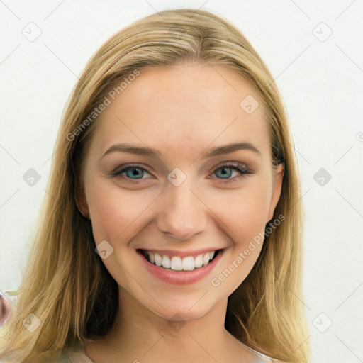 Joyful white young-adult female with long  brown hair and blue eyes