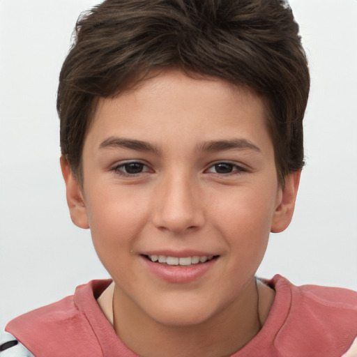 Joyful white child female with short  brown hair and brown eyes