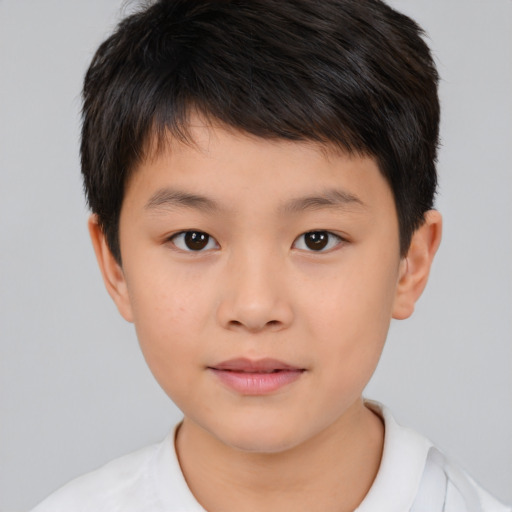 Joyful asian child male with short  brown hair and brown eyes