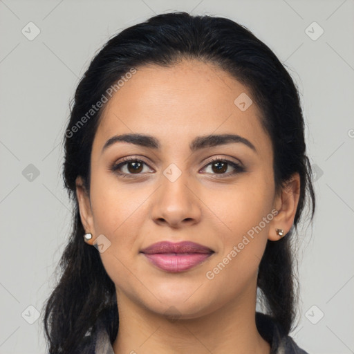 Joyful latino young-adult female with medium  black hair and brown eyes