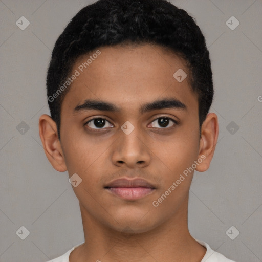 Neutral latino young-adult male with short  black hair and brown eyes