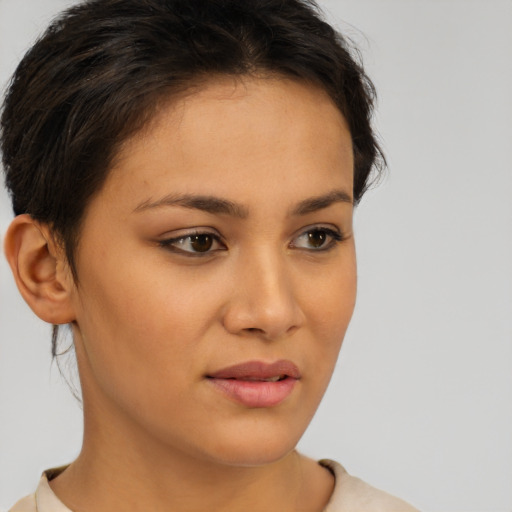 Neutral latino young-adult female with short  brown hair and brown eyes