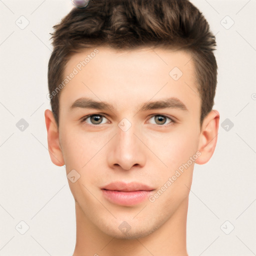 Neutral white young-adult male with short  brown hair and brown eyes