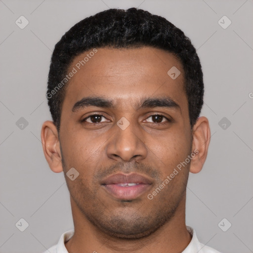 Neutral black young-adult male with short  black hair and brown eyes