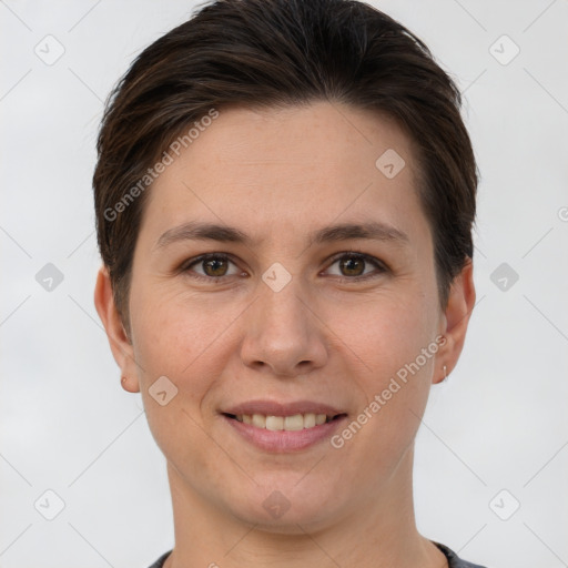 Joyful white young-adult female with short  brown hair and brown eyes