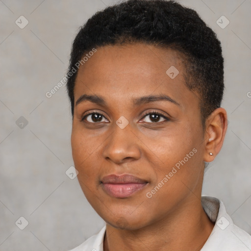 Joyful black young-adult female with short  black hair and brown eyes