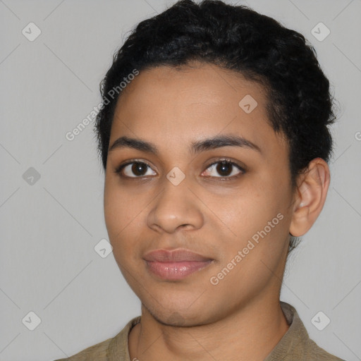 Joyful latino young-adult female with short  black hair and brown eyes