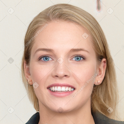 Joyful white young-adult female with long  brown hair and blue eyes