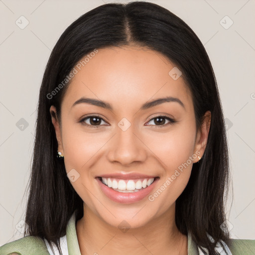 Joyful latino young-adult female with medium  black hair and brown eyes