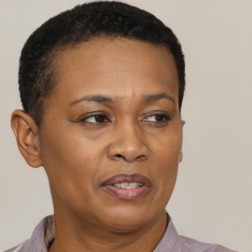 Joyful black adult female with short  brown hair and brown eyes