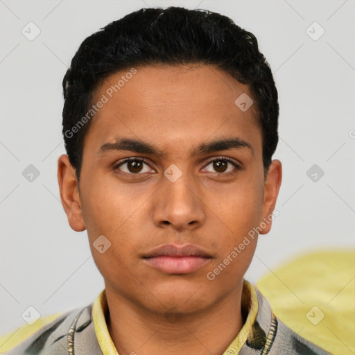 Neutral latino young-adult male with short  brown hair and brown eyes