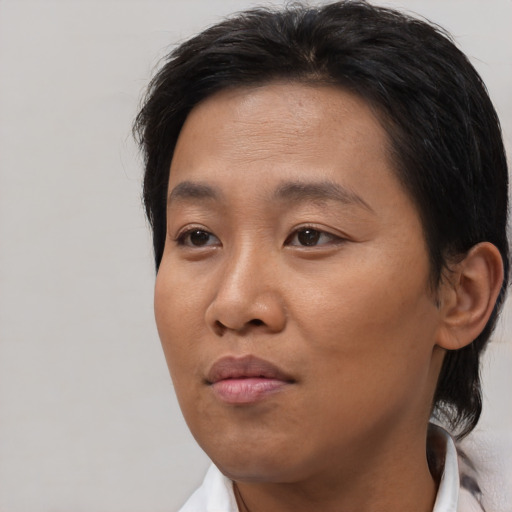 Neutral asian young-adult female with short  brown hair and brown eyes