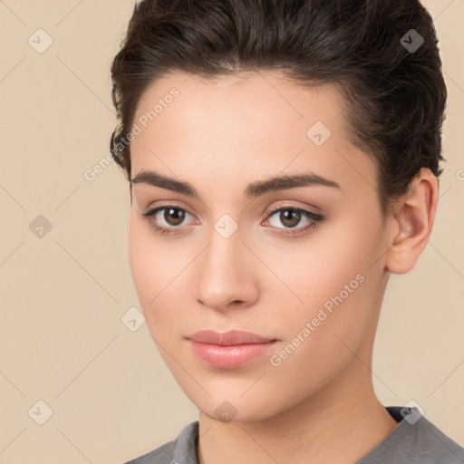 Neutral white young-adult female with short  brown hair and brown eyes