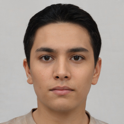 Neutral asian young-adult male with short  black hair and brown eyes