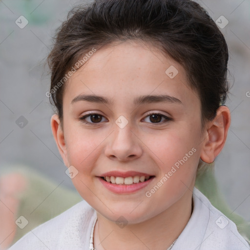 Joyful white child female with short  brown hair and brown eyes