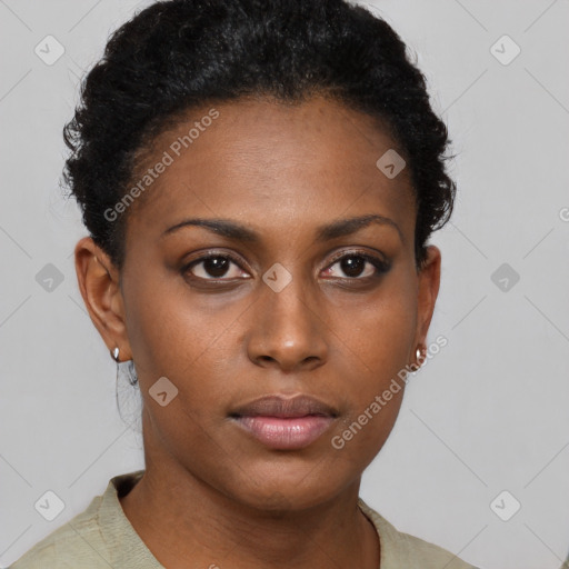 Neutral black young-adult female with short  brown hair and brown eyes