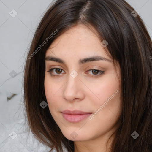 Neutral white young-adult female with medium  brown hair and brown eyes