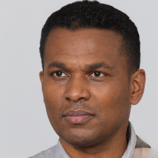 Neutral black adult male with short  black hair and brown eyes