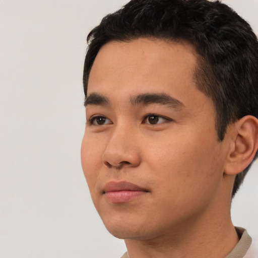 Neutral asian young-adult male with short  black hair and brown eyes
