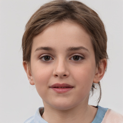 Joyful white child female with medium  brown hair and brown eyes